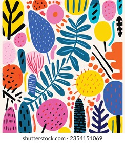 Ornamental Pattern Featuring Hand Drawn Tropical Leaves and Plants, in the Style of Bright Colors, Bold Shapes, Childlike