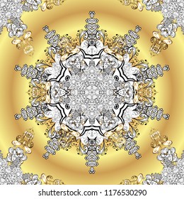 Ornamental pattern golden elements. Vector illustration. Floral classic texture. Mandala vintage for card, wallpaper, wrapping, textile. Royal retro on beige, white and yellow colors. Gold template.