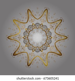 Ornamental pattern of golden snowflakes and dots on gray background. Vector abstract design in colors.