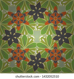 Ornamental pattern for invitations, greeting cards, wrapping. Traditional abstract decor. Vector ornate elements in green, beige and gray colors for your design. Decorative seamless pattern.