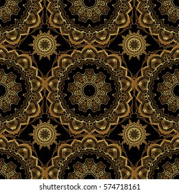 Ornamental pattern for invitations, greeting cards, wrapping. Vector ornate elements for design. Traditional floral decor. Decorative golden seamless pattern on a black background.