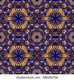 Ornamental pattern for invitations, greeting cards, wrapping. Vector ornate elements for design. Traditional floral decor. Decorative golden seamless pattern on a blue background.