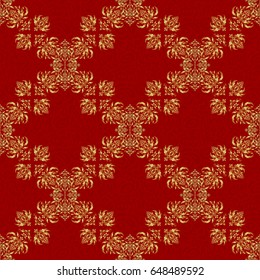 Ornamental pattern for invitations, greeting cards, wrapping. Decorative golden seamless pattern on a red background. Vector ornate elements for design. Traditional floral decor.