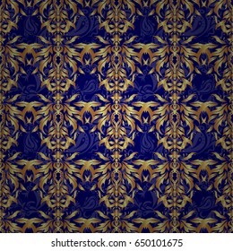 Ornamental pattern for invitations, greeting cards, wrapping. Traditional floral decor. Decorative golden seamless pattern on a blue background. Vector ornate elements for design.