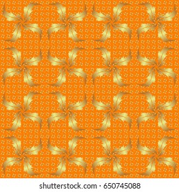 Ornamental pattern for invitations, greeting cards, wrapping. Traditional floral decor. Decorative golden seamless pattern on a orange background. Vector ornate elements for design.