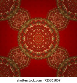 Ornamental pattern for invitations, greeting cards, wrapping. Decorative golden seamless pattern on a red background. Vector ornate elements for design. Traditional floral decor.