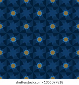 Ornamental pattern kaleidoscope continuous background abstract mosaic star shapes repeating motif. Elegant lux fabric material design textile swatch all over print block. Blue, gold colours palette.