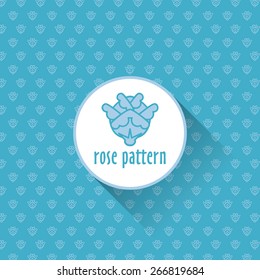 The ornamental pattern with light blue roses drawn on bright turquoise background and a big sample image of flower
