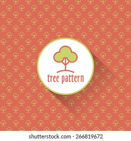 The ornamental pattern with lime green trees drawn on bright orange background and a big sample image of tree
