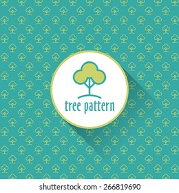 The ornamental pattern with lime green trees drawn on bright turquoise background and a big sample image of tree