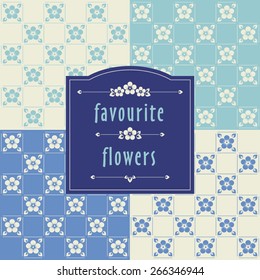 The ornamental pattern with multicolor flowers drawn on beige, sky blue, blue and dark blue backgrounds
