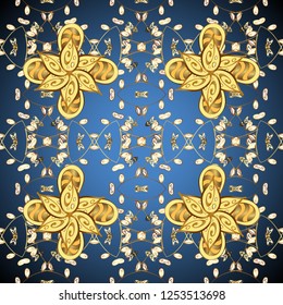 Ornamental pattern on blue, yellow and brown colors with golden elements. Classic vintage background. Traditional orient ornament. Classic vector golden ornamental pattern.