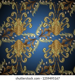 Ornamental pattern on blue, yellow and brown colors. Ornamental golden textured curls. Golden elements in oriental style arabesques. Vector golden ornamental pattern.
