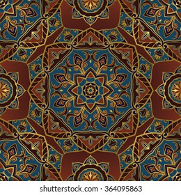 Ornamental pattern on a brown background. Oriental, seamless, vector ornament with mandalas. Template for the design of the carpet, textile, tapestry, shawl, wallpaper, tiles, cushion.