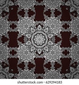 Ornamental pattern on brown background. Ornamental white textured curls. Vector white ornamental pattern. Vintage elements in oriental style arabesques.