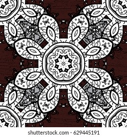 Ornamental pattern on brown background. Ornamental white textured curls. Vector white ornamental pattern. Vintage elements in oriental style arabesques.