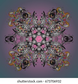Ornamental pattern on colorful background. Simple snowflakes ornamental pattern, floral elements, decorative ornament. Vector illustration. Arab, Asian, ottoman motifs.