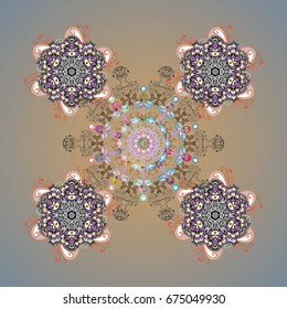 Ornamental pattern on colorful background. Simple snowflakes ornamental pattern, floral elements, decorative ornament. Vector illustration. Arab, Asian, ottoman motifs in colors.