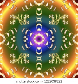 Ornamental pattern on green, brown and blue colors. Ornamental golden textured curls. Vector golden ornamental pattern. Golden elements in oriental style arabesques.