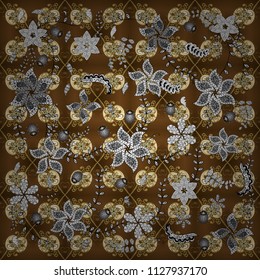 Ornamental pattern. Openwork delicate, nice background. Brilliant lace, stylized flowers. Cute textured curls. Oriental style arabesques. Vector sketch. Pictures in brown, white and gray colors.