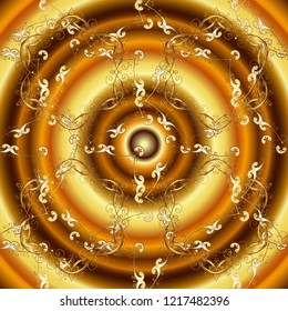 Ornamental pattern oriental ornament. Vector golden textile print. Islamic design. Floral tiles. Golden pattern on brown, yellow and orange colors with golden elements.
