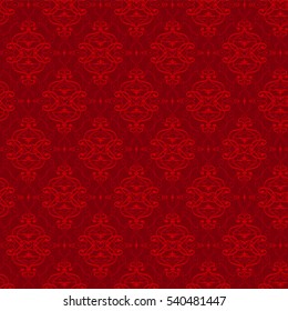 Ornamental pattern in red color. Gorgeous seamless floral ornament in western design. Vector.  