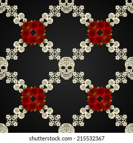 Ornamental pattern with skulls  and roses