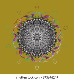 Ornamental pattern with snowflakes, doodles and dots in colors on colorful background. For the Christmas design and decoration. Watercolor painting effect. Handmade drawing.