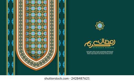 Ornamental pattern stone relief in the Arabic architectural style of an Islamic mosque, serving as a greeting card for Ramadan and Eid Mubarak. Calligraphy translation: Ramadan Kareem.