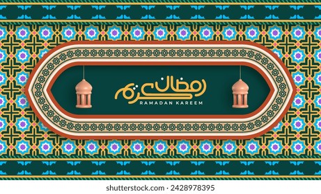 Ornamental pattern stone relief in the Arabic architectural style of an Islamic mosque, serving as a greeting card for Ramadan and Eid Mubarak. Calligraphy translation: Ramadan Kareem.