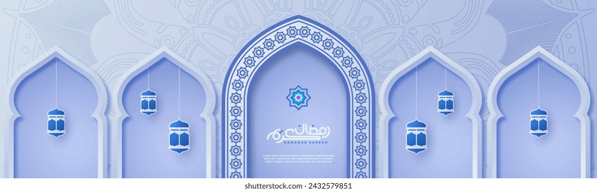 Relieve de piedra de patrón ornamental en el estilo arquitectónico árabe de una mezquita islámica, que sirve como tarjeta de felicitación para Ramadán y Eid Mubarak. Traducción de caligrafía: Ramadan Kareem.