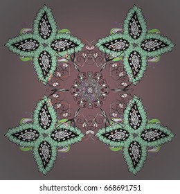 Ornamental pattern of stylized snowflakes and dots on colorfil background. Vector abstract design.