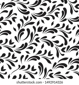 Ornamental pattern. Vector seamless abstract black background.Leaves and whorls.