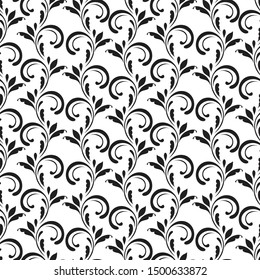 Ornamental pattern. Vector seamless abstract black background.Leaves and whorls.