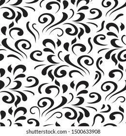 Ornamental pattern. Vector seamless abstract black background.Leaves and whorls.