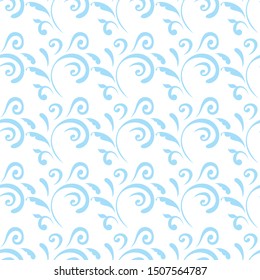 Ornamental pattern. Vector seamless abstract blue background.Leaves and whorls.