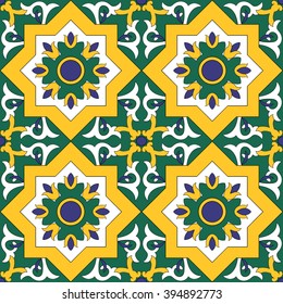 Ornamental pattern vector seamless with flowers motifs. Tile pattern - azulejo, portuguese tiles, spanish, moroccan, turkish or arabic tiles design