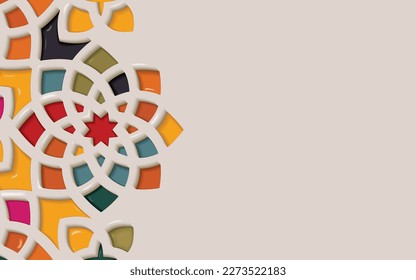 Ornamental patterned colorful plastic relief in arabic architectural style of islamic mosque,greeting card for Ramadan Kareem