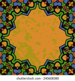 Ornamental patterned design: decorative frame illustration showcases intricate geometric arrangement with stylized botanical motifs, featuring vivid blue blossoms set against dark brown foliage within vibrant green border. This symmetrical composition transitions to sharp angular corners that enhance structured feel, while warm orange center with mottled specks adds textural depth and organic elegance. Harmonious color scheme combines earth tones with striking hues to create balanced aesthetic perfect for bohemian themes, nature-inspired projects, or creative applications. Versatile artwork serves as captivating focal point for promotional materials, event invitations, and artistic endeavors that demand elegance and visual impact. Flat graphic style aligns with contemporary design trends favoring minimalist yet expressive visuals suitable for stationery, packaging, or digital graphics. Ornate embellishment demonstrates meticulous craftsmanship through detailed floral pattern that invites engagement and artistic exploration.