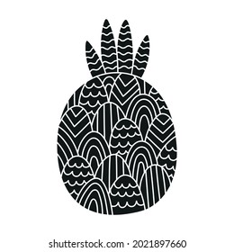 Ornamental pineapple silhouette. Exotic summer fruit. Isolated black and white vector illustration