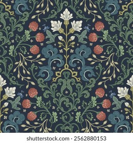 Ornamental plant color pattern. Seamless pattern of flowers and plants.