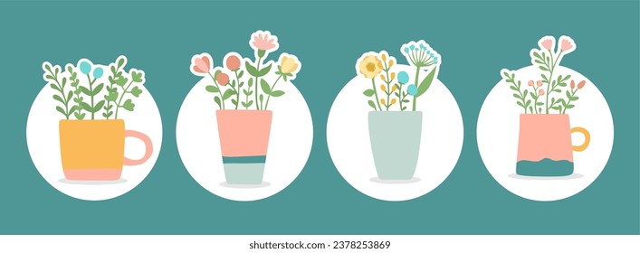 Ornamental plant illustration. Flower vector. Assorted flowers in a cup-shaped vase. Illustration of colorful flowers with white lines.