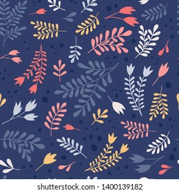 Ornamental plants on a navy blue background. Vector seamless pattern, can be used for textile, wallpaper, web, card.