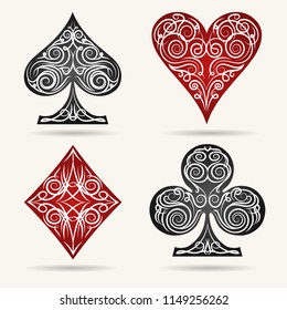 Ornamental Playing Card Suits Set. Vector illustration.