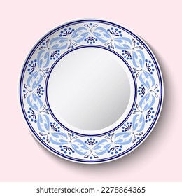 Ornamental porcelain dish with blue ethnic pattern in the style of Chinese painting on porcelain. Vector illustration.