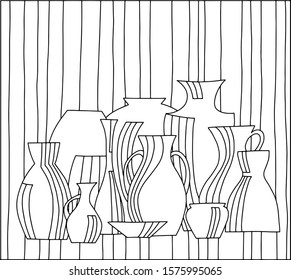 Ornamental pots still life on abstract background. Hand drawn. Line art