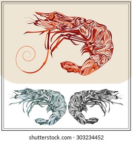 Ornamental prawns on white and brown background. Isolated crustacean in the red, green and black colors. The modern concept  for the booklet, menu. Vector illustration