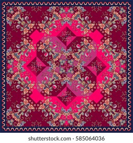 Ornamental print with tulips and hearts for carpet or cushion.