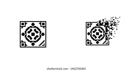 Ornamental Qr code dispersed filled rectangle, illustration for graphic design, colors: black and white