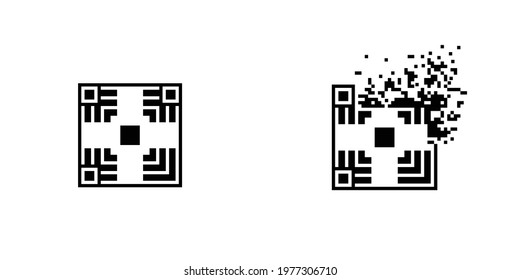 Ornamental Qr code dispersed filled rectangle, illustration for graphic design, colors: black and white